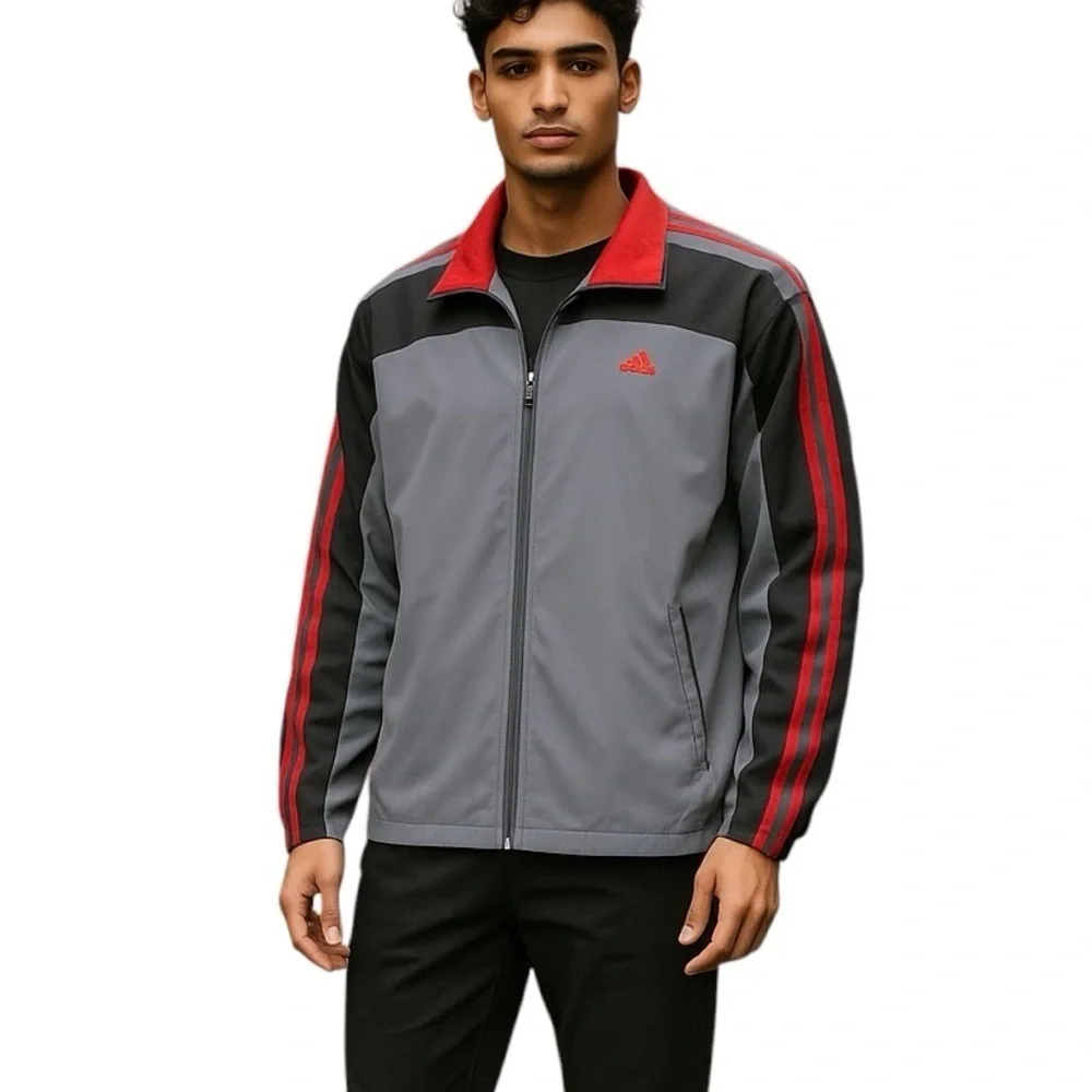 Vintage Adidas Sporty Gray Windbreaker Red Three Stripe Design Men’s Size XL